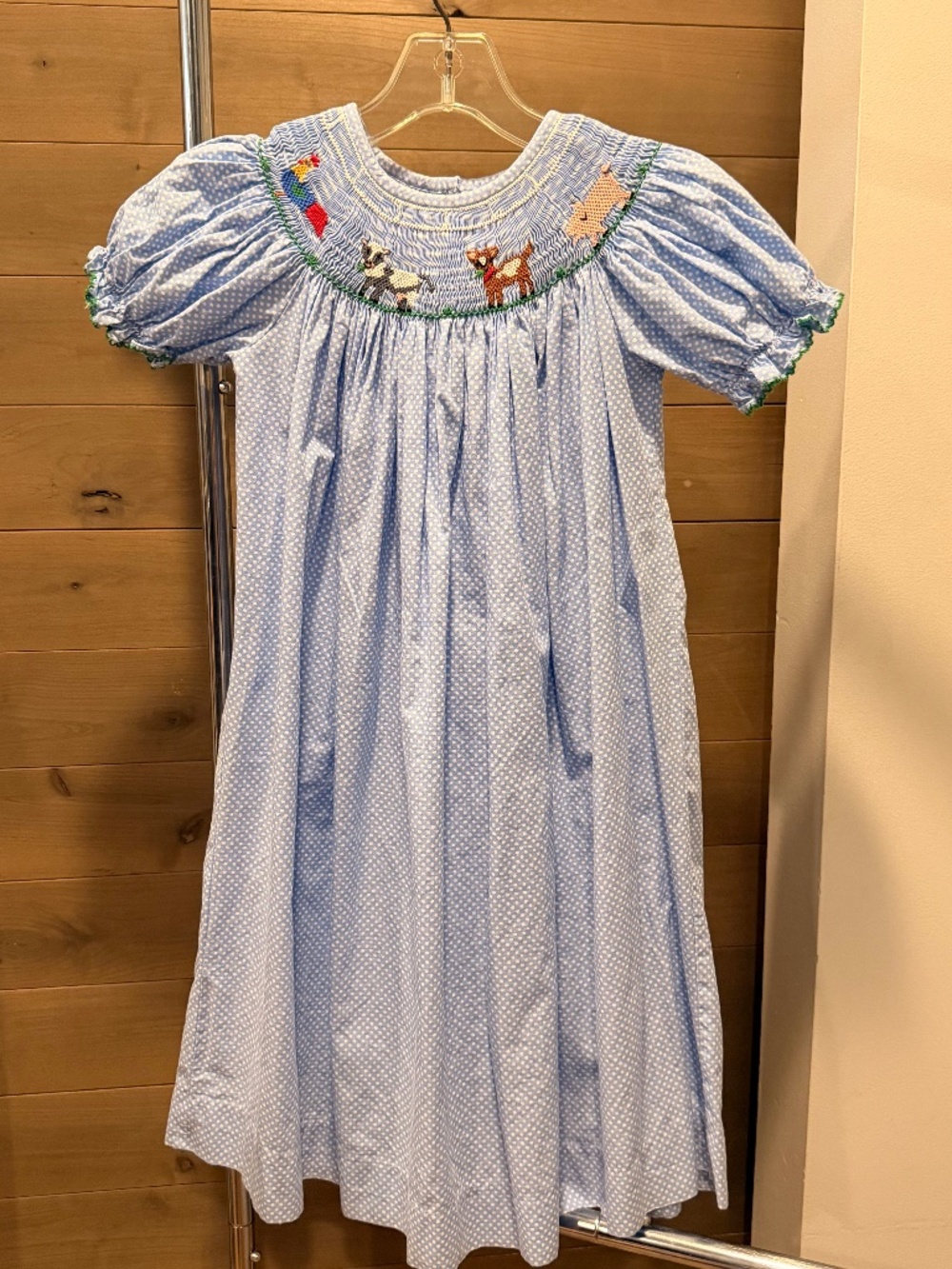 Shrimp & Grits Kids blue polka dot Hand smocked bishop dress Farm Animals Size 6